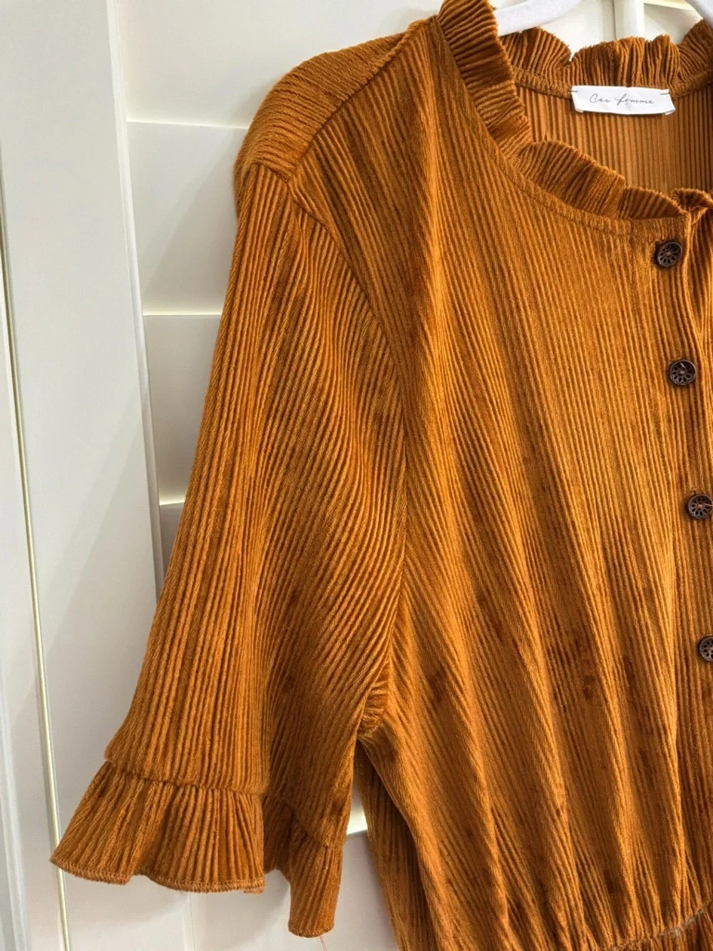 Ces Femme Rust Corduroy Midi Dress Ruffle Boho Prairie Kentucky Derby Style - Picture 5 of 5
